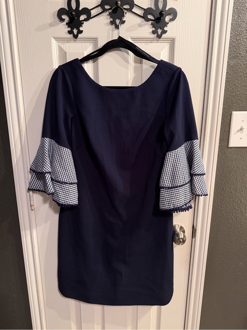 Navy Shift Dress with Gingham Ruffle Sleeves